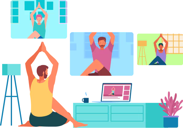 Illustration of people participating in a virtual yoga class, with a person practicing yoga in front of a laptop screen showing multiple others in similar poses.