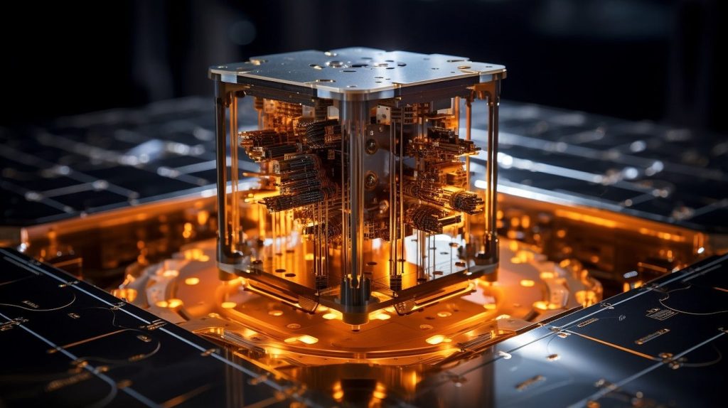 A complex metallic quantum computer processor glows with orange light, resting on a high-tech platform.