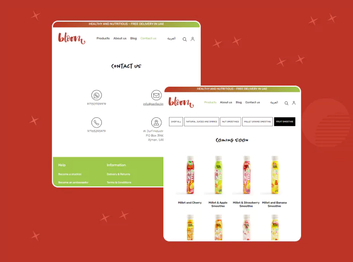 Image featuring both Contact Us form and product listings on a smoothies and drinks e-commerce website, with options for customer inquiries and browsing products.