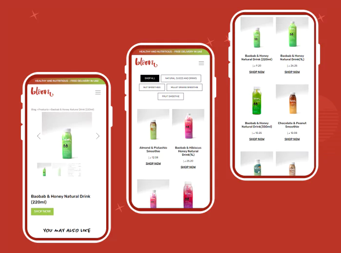 Mobile view of a product page on a smoothies and drinks e-commerce website, showcasing various drink and smoothie options with pricing and shop now buttons.