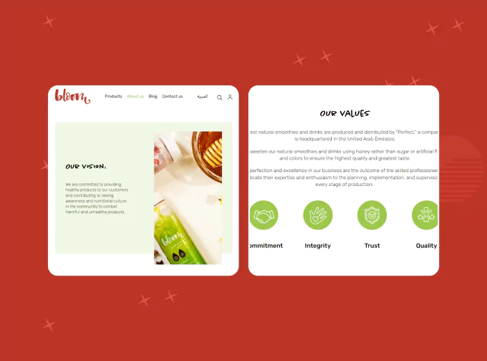 About Us page of a smoothies and drinks e-commerce website, highlighting the company's vision, and values.