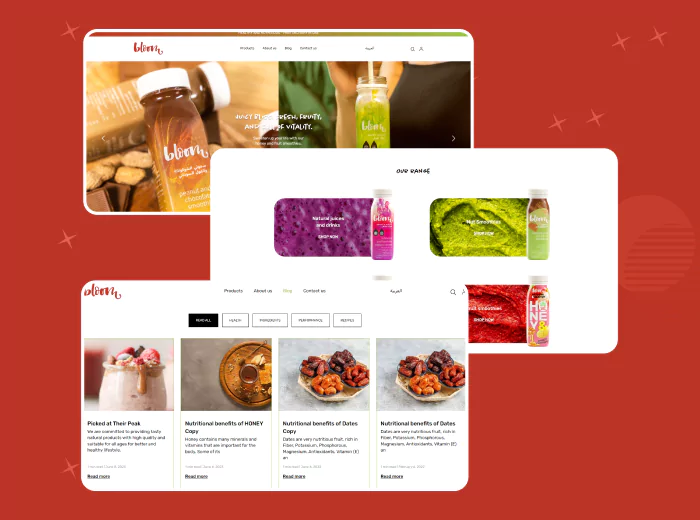 Homepage of a smoothies and drinks e-commerce website, displaying various drink categories and a blog section.