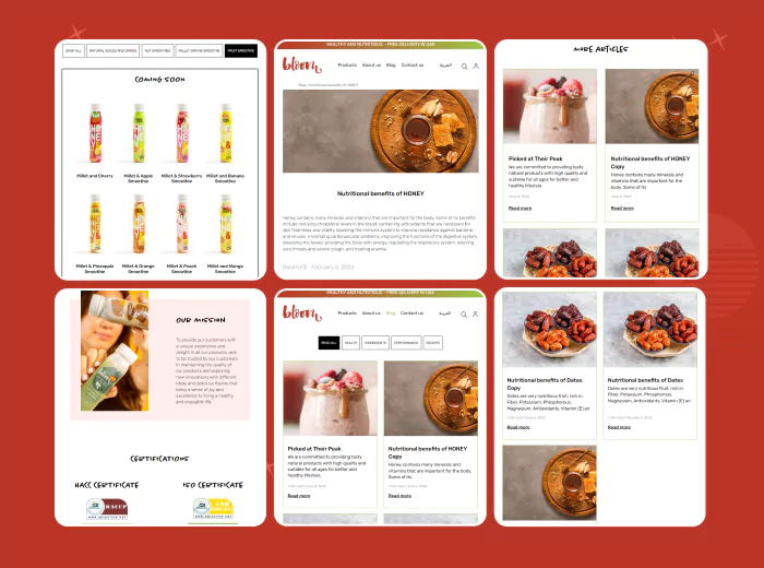 Image displaying different product categories and a blog section on a smoothies and drinks e-commerce website, featuring multiple product options and recent blog posts