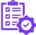 A purple checklist featuring a prominent check mark alongside a gear symbol, representing task completion and settings.