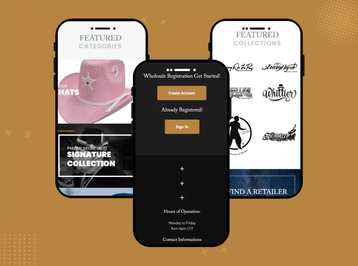 Mobile view of an eCommerce website displaying a selection of hats for sale with product images.