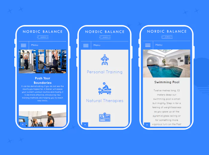 Mobile view of a Health Club and Gym website showing different sections