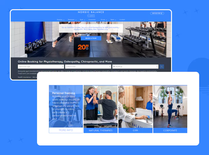 Homepage of a Health Club and Gym website showcasing different categories of fitness programs and services.