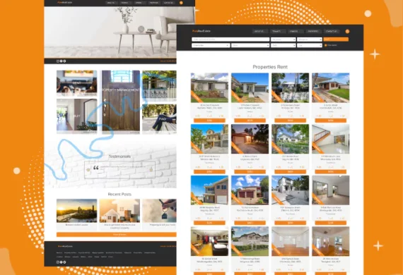 Desktop view of a real estate website showcasing property listings and navigation menu.