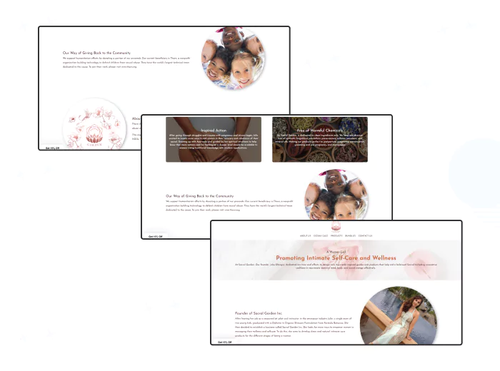 Image showing different sections of the About Us page on a website offering Ayurvedic products for women's intimate wellness, pregnancy, and postpartum recovery.