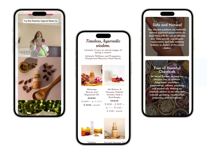 Mobile view showing products and the 'LET'S BE SOCIAL' section of a website offering Ayurvedic products for women's intimate wellness, pregnancy, and postpartum recovery.