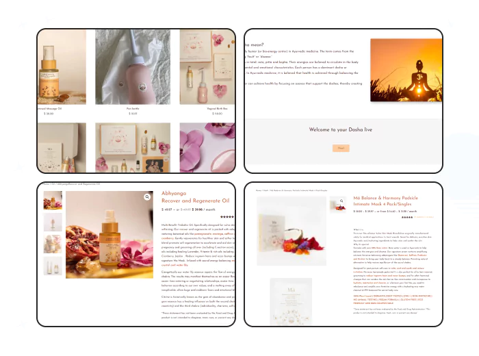 Tablet view of the product page showing the name, price, and description of Ayurvedic products for women's intimate wellness, pregnancy, and postpartum recovery.