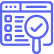 A blue icon featuring a magnifying glass alongside a check mark, symbolizing search and verification.