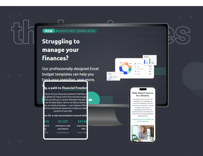 Desktop, tablet, and mobile view of the budgeting templates section on a debt and finance website.