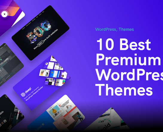 Top 10 best premium WordPress themes displayed as overlapping website design previews.