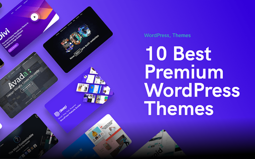 Top 10 best premium WordPress themes displayed as overlapping website design previews.