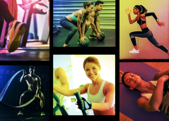 A dynamic collection of images featuring people performing different exercises, designed for a fitness website.