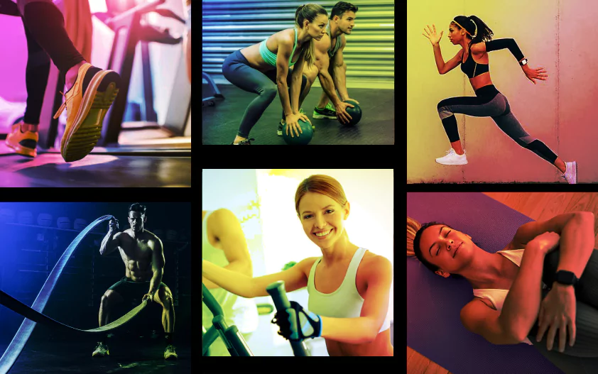 A dynamic collection of images featuring people performing different exercises, designed for a fitness website.