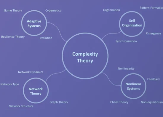 A detailed diagram illustrating the key concepts and relationships within complexity theory.