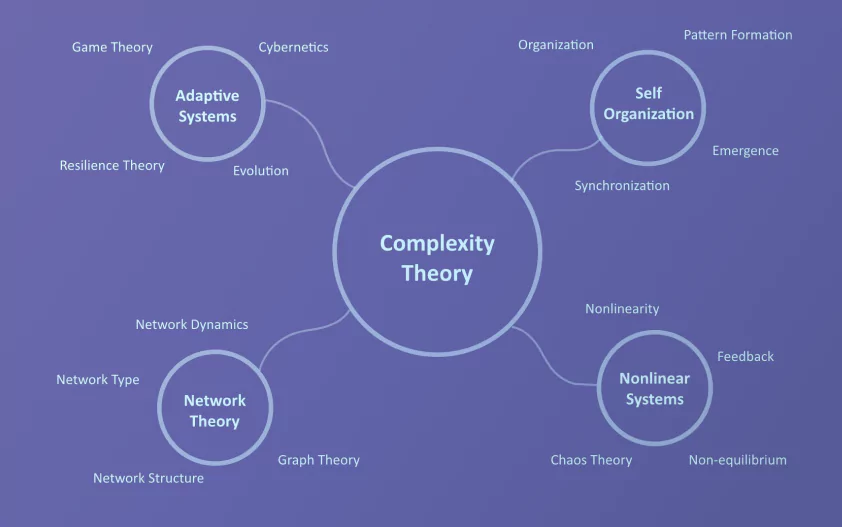 A detailed diagram illustrating the key concepts and relationships within complexity theory.