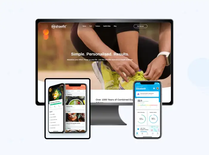 Image displaying the responsive design of a health and fitness website, featuring a desktop, tablet, and mobile view showcasing personalized health and fitness tracking features.