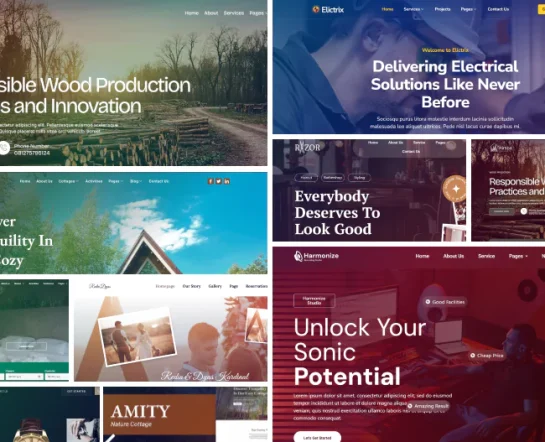 Various web page layouts representing the WordPress themes, highlighting unique design styles and functionalities.