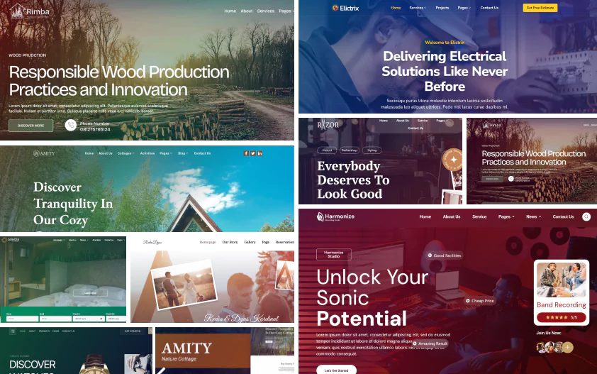 Various web page layouts representing the WordPress themes, highlighting unique design styles and functionalities.